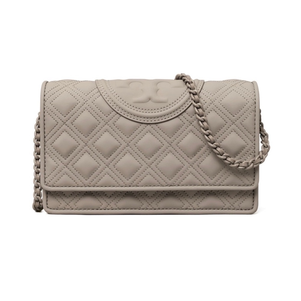 Tory Burch Fleming Matte Wallet on Chain Crossbody Clutch Gray Heron